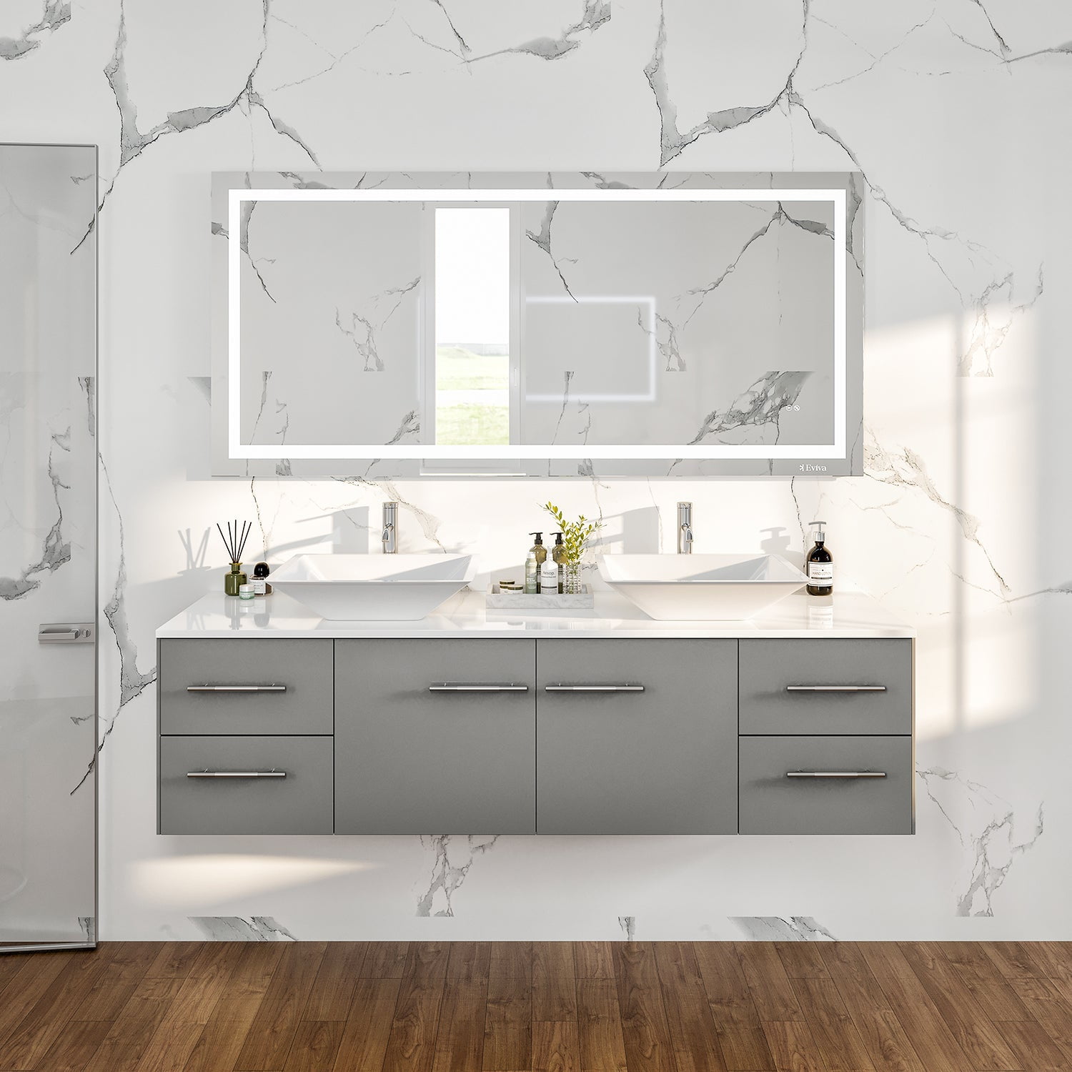 Gray Modern Double Sink Wall-Mount Bathroom Vanity with White Quartz Top