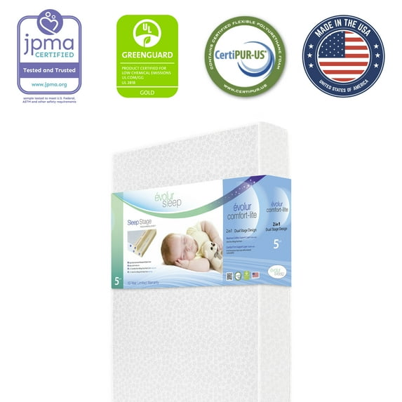 evolur Sleep Dual Stage Comfort-Lite 5" Crib & Toddler Foam Mattress, Silver Star