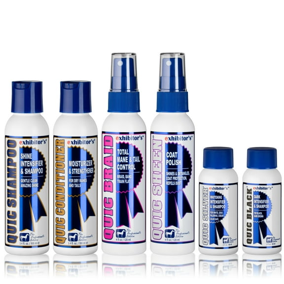 exhibitor's: Sampler Kit | Quic Shampoo (3.4 Oz), Quic Conditioner (3.4 Oz), Quic Braid (3.4 Oz), Quic Sheen (3.4 Oz), Quic Silver (2 Oz), and with Quic Black (2 Oz)