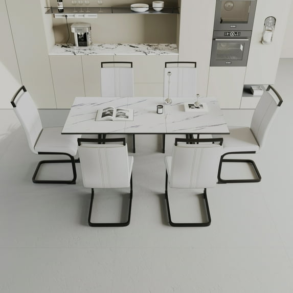 An expandable dining table set for 2-6 people, equipped with a C-shaped tubular cushioned armless dining chair and an elegant and spacious dining table kitchen table and chair set, with metal legs