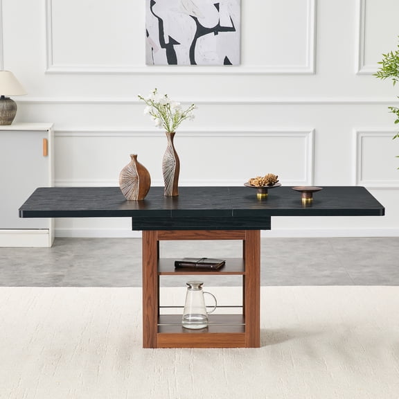 An expandable dining table with storage space and a 59 inch to 71 inch expandable kitchen dining table. Black rectangular pull table with sturdy MDF frame in walnut color, accommodating 4-8 people