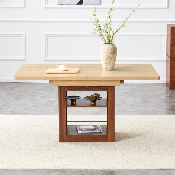 An expandable dining table with storage space, a 59 inch to 71 inch expandable kitchen dining table. Wood color rectangular pull table with sturdy MDF frame in walnut color, accommodating 4-8 people