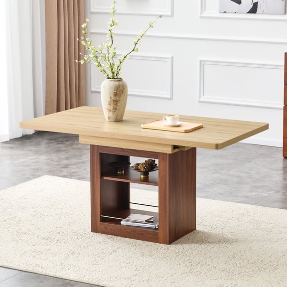 An expandable dining table with storage space, a 59 inch to 71 inch expandable kitchen dining table. Wood color rectangular pull table in walnut color, accommodating 4-8 people.