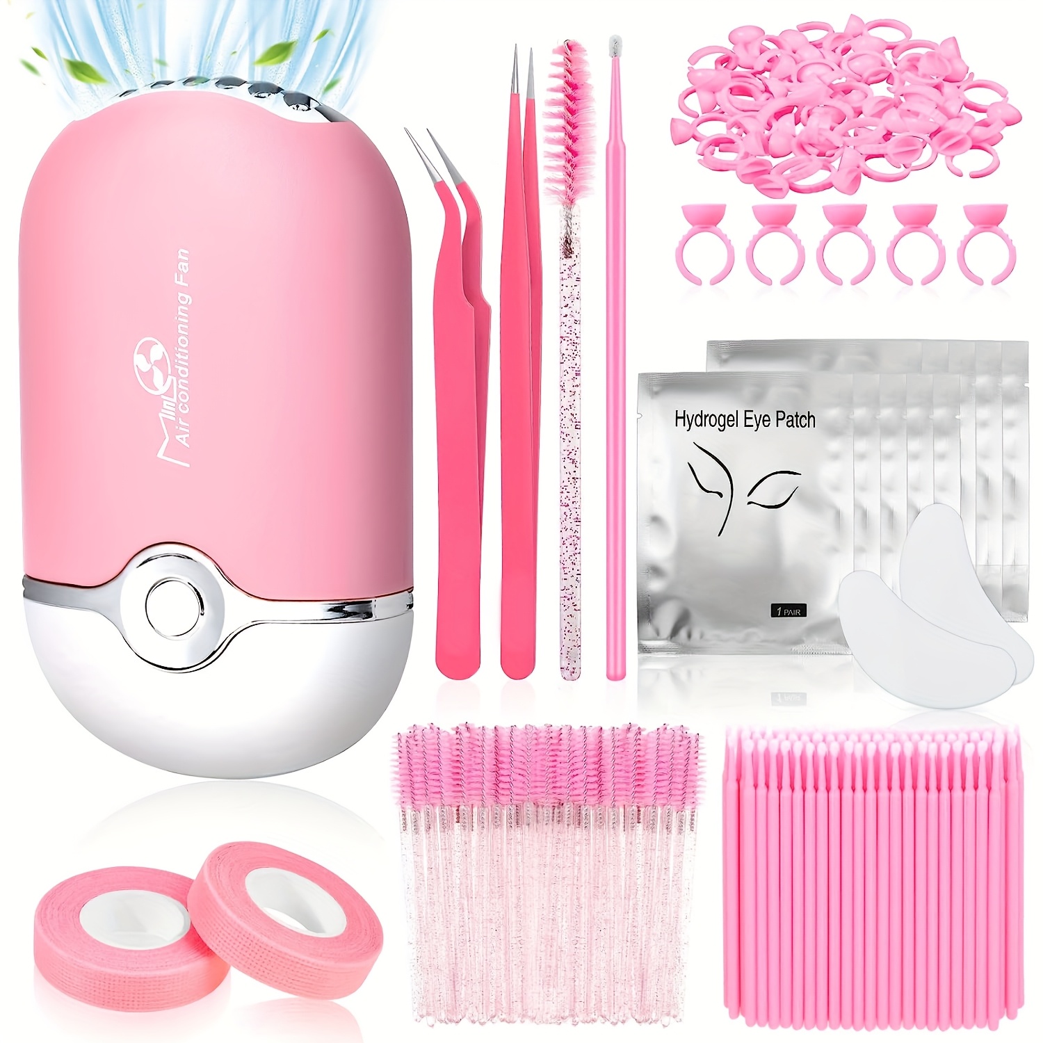 This eyelash extension kit is perfect for beginners and includes a USB air-conditioned hair dryer, 2 eyelash tweezers, 100 eyelash swabs, 50 eyelash brushes, 50 eyelash curlers, 2 rolls of tape, and