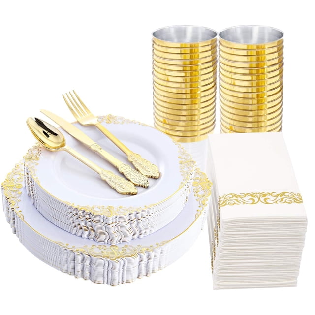 Goodluck 100-Pack White & Gold Disposable Plastic Plates – 10.25” Heavy Duty Dinner Plates For Weddings & Parties