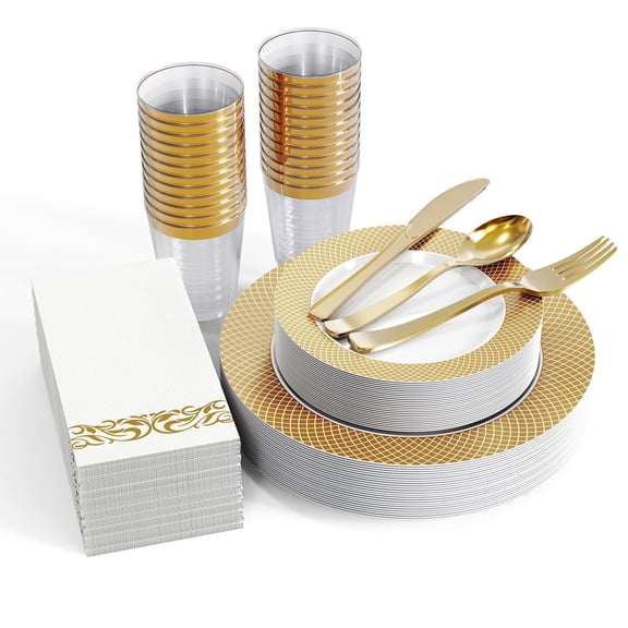 eyoosin175 Gold Dinnerware Set for 25 AFN1Guests, White Plastic Plates with Gold Lace Rim Design, Including 25 Disposable Dinner Plates, 25 Dessert Plates, 25 Silverware Set, 25 Cups, 25 Napkins