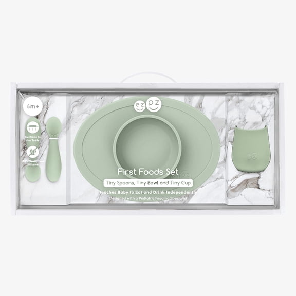 ezpz First Foods Set (Sage) - 100% Silicone Suction Bowl, 2oz Cup, Tiny Spoons - Designed by a Pediatric Feeding Specialist - 6 Months+