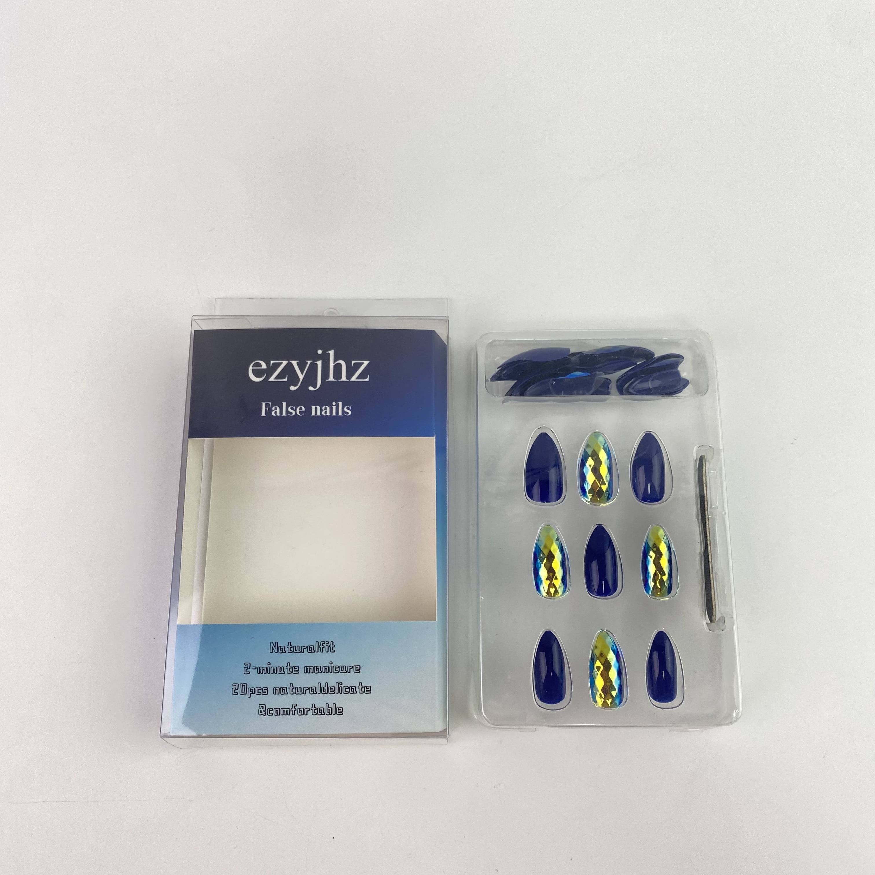 ezyjhz False nails,Blue Press on Nails Short Square Square Fake Nails Acrylic Solid Color Dark Blue False Nails Kits for Women Stick Glue on Nails 20 Pcs
