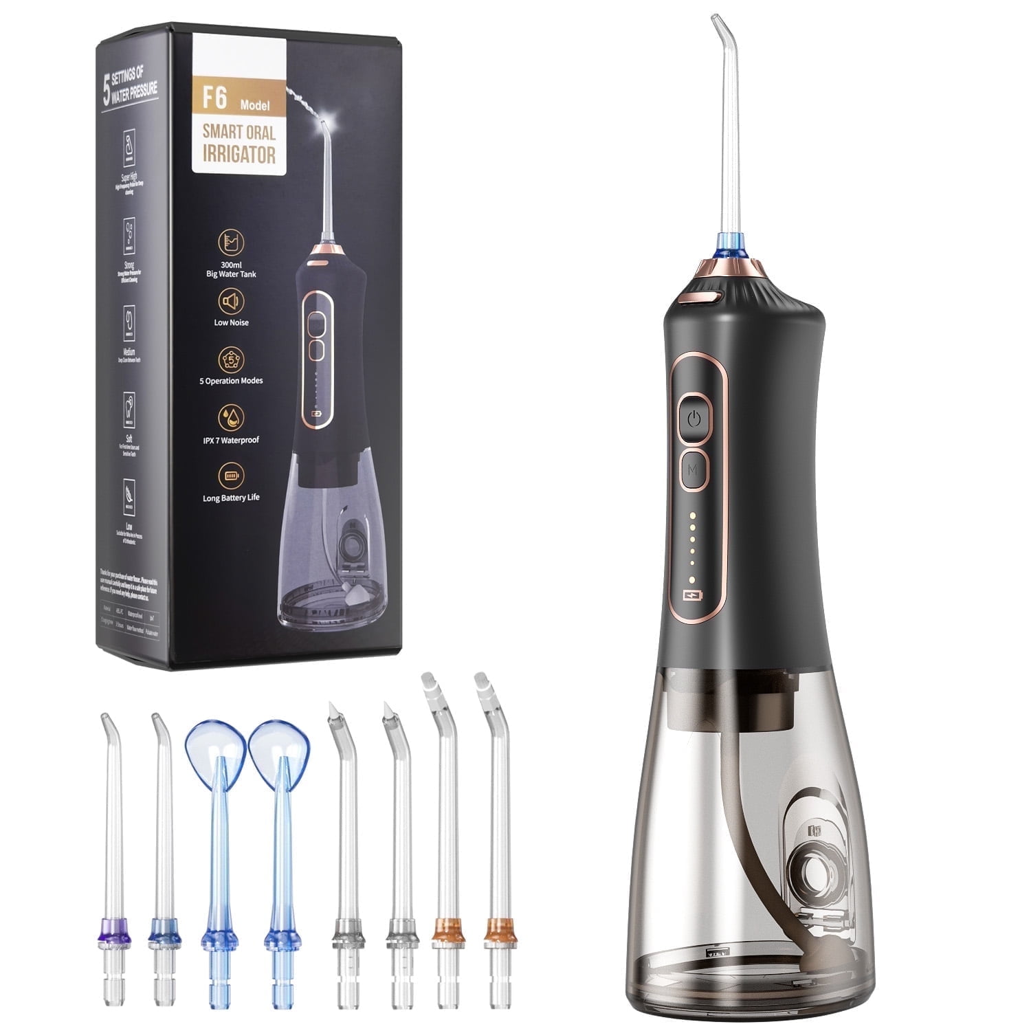 Cshidworld Water Flosser, Cordless Water Teeth Cleaner Picks, 300ml Water Dental Flossers Rechargeable Oral Irrigator with 5 Modes 8 Jet Tips IPX7 Waterproof for Home Travel