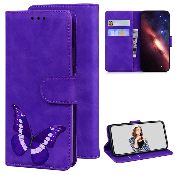fELEHOLD Leather Wallet Case for Samsung Galaxy S22 Ultra,Butterfly Pattern with Card Slots Kickstand Magnetic Clasp Shockproof Protective Case for Women Girls,Purple