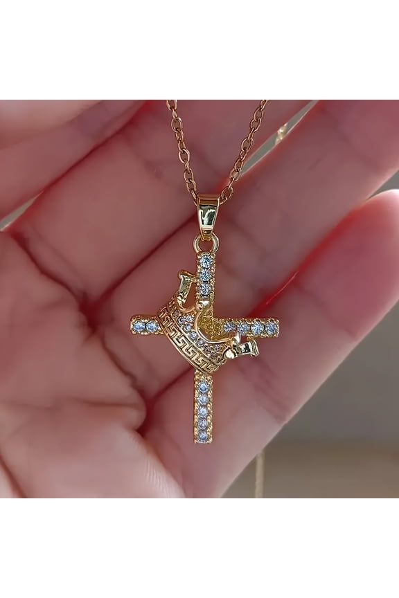 faith faith Men's and Women's Golden Cross Pendant Necklace with Crown Decoration and Imitation Gemstones- Suitable for Daily Wear, Church Events, Weddings- Durable Year-round Faith Gift for Christia
