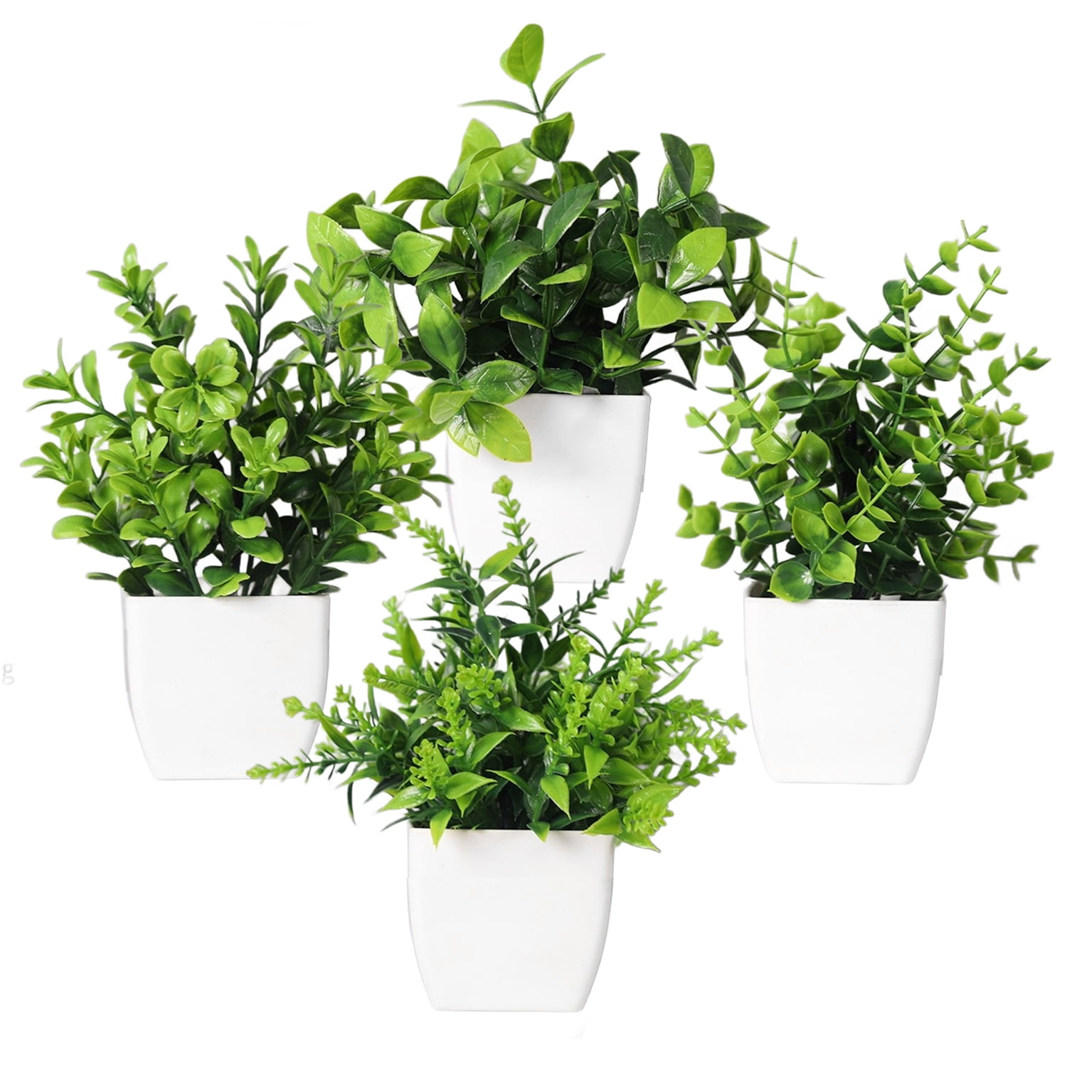 Behome Fake Plants, 4 Pack Small Fake Plants in White Plastic Pot, Mini Artificial Greenery Potted Plants for Home Decor