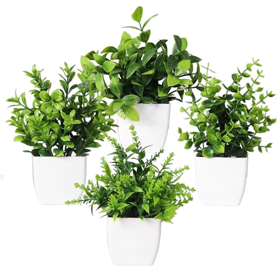 Behome Fake Plants, 4 Pack Small Fake Plants in White Plastic Pot, Mini Artificial Greenery Potted Plants for Home Decor, Green