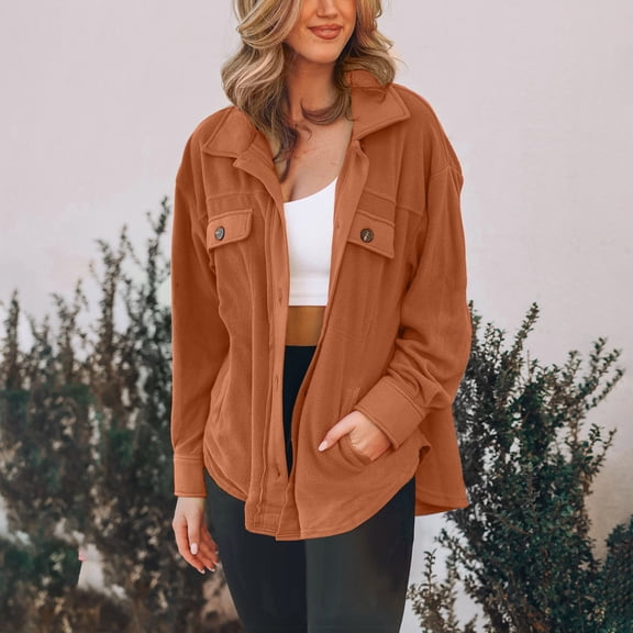 fall jackets,Brown Womens Oversized Denim Jacket Casual Long Sleeve Button Down Plaid Shacket Boyfriend Jean Jacket With Pockets