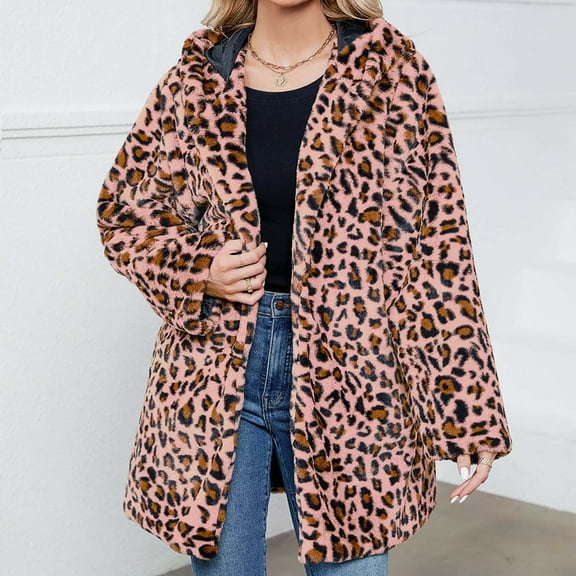 fall jackets,Pink Women's Faux Fur Jackets Autumn Winter Leopard Coats Loose Fur Coat with Pockets