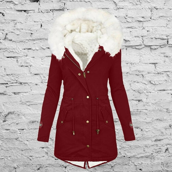 fall jackets,Wine Women's Warm Winter Coat Snow Ski Jacket Fleece Lined Military Jacket Women Faux Fur Hooded Coat Puffer Down Jacket
