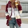 thumbnail image 1 of fall jackets,Wine Womens Fuzzy Jacket Color Block Hooded Cardigan Open Front Sherpa Coat Outwear with Pockets, 1 of 5