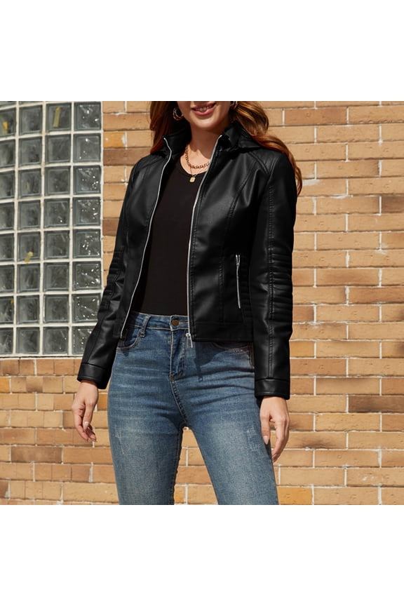 fall jackets for women 2025,Black Women's Faux Leather Jackets, Zip Up Motorcycle Short PU Biker Outwear Fitted Slim Coat