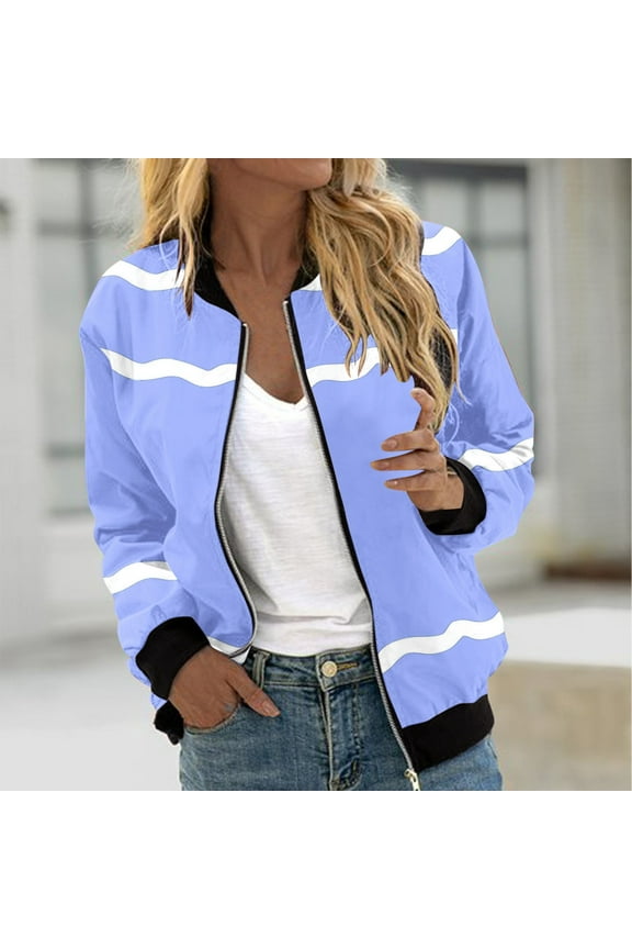fall jackets for women 2025,Light Blue Women's Bomber Jacket Coat Casual Long Sleeve Casual Stand Collar Zip Up Highschool Baseball Jackets Fall Fashion Jackets Outfits with Pockets