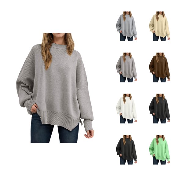 fall tops for women 2025 Women's Pullover Sweater Oversized Knit Casual Long Sleeve Tunic Top Soft Comfortable Loose Fit Round Neck Split Hem for Fall Winter Fashion
