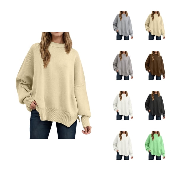 fall tops for women 2025 Women's Pullover Sweater Oversized Knit Casual Long Sleeve Tunic Top Soft Comfortable Loose Fit Round Neck Split Hem for Fall Winter Fashion