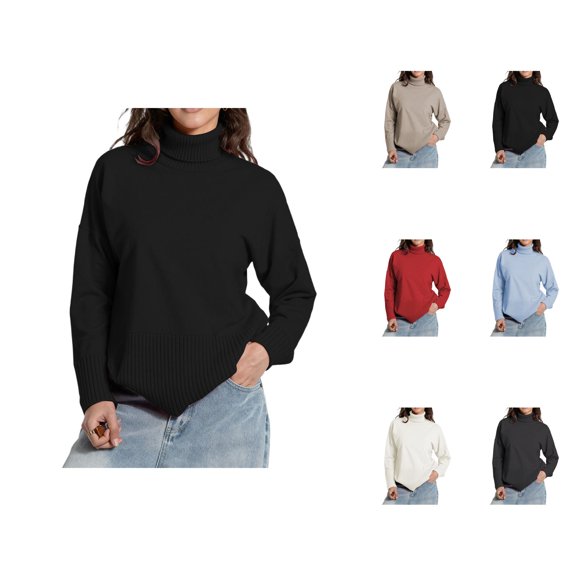 fall tops for women 2025 Women's Pullover Sweater Split Hem Oversized Knit Pullover Soft High Neck Casual Winter Long Sleeve Crewneck Loose Fit Comfortable Fall Fashion