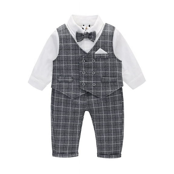 famuka Baby Boy Classic Suit Double Breasted Waistcoat Tuxedo Formal Outfit Plaid