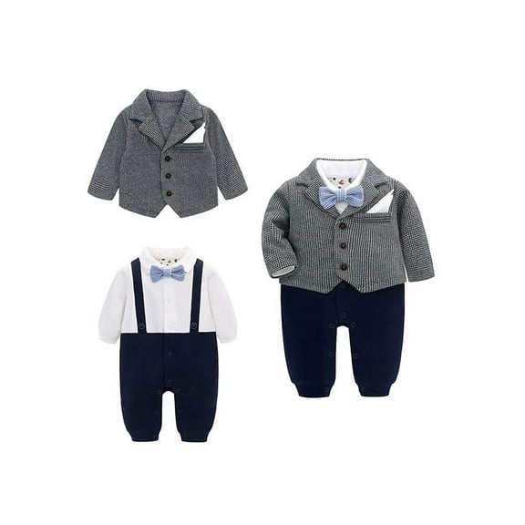 famuka Baby Boy Two Piece Suit Coat and Romper Outfit Infant Formal Suit Toddlers Wedding Tuxedo