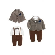 famuka Baby Boy Two Piece Suit Coat and Romper Outfit Infant Formal Suit Toddlers Wedding Tuxedo