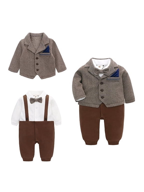 Baby Boy Two Piece Suit Coat and Romper Outfit Infant Formal Suit Toddlers Wedding Tuxedo