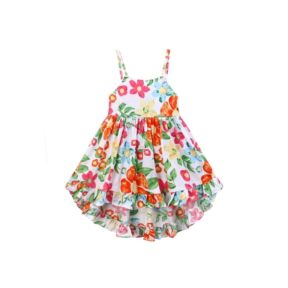 famuka Little Girl Summer Strap Dress Toddler Flowers Sundress Child Cotton Swing Dresses
