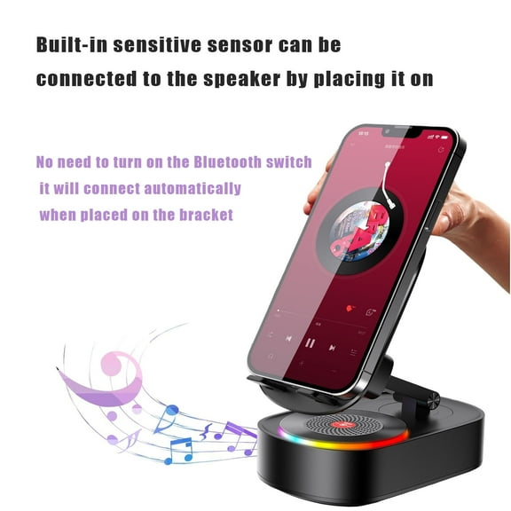 fangle Wireless Induction Audio Bluetooth Speaker,Induction Speaker for iPhone,CellPhone Stand with Induction Speaker,Power Bank,Atmosphere Light,Induction SpeakerPhone Stand (Black)