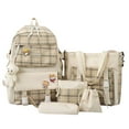 thumbnail image 1 of fankhu 5pcs Plaid Casual Backpack Combo Set Pendant Badge Canvas School Bags (Khaki), 1 of 9