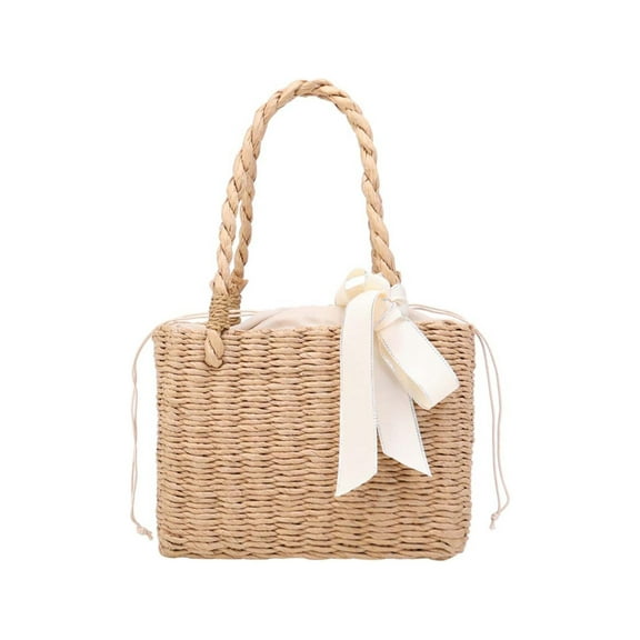 fankhu Beach Handmade Woven Portable Tote Bag Rattan Ribbon Basket Handbag (Khaki)