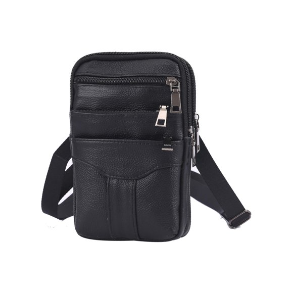 fankhu Men Retro Fanny Pack Multi-Layer Leather Purse Male Travel Outdoor Bag (Black)