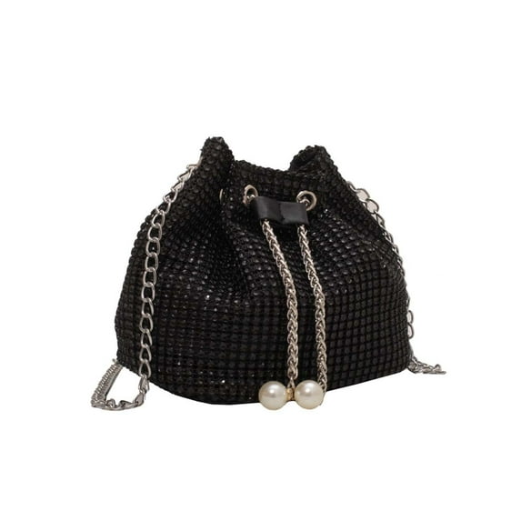 fankhu Women Chain Crossbody Bag Solid Color Rhinestone Luxury Shoulder Bag Drawstring Glittering Satchel Bag Dinner Party Bag