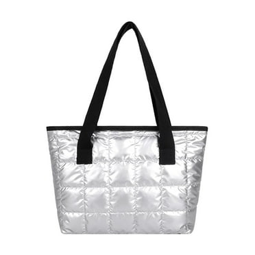 fankhu Women Quilted Nylon Shoulder Bags Retro Female Solid Color Handbag (Silver)