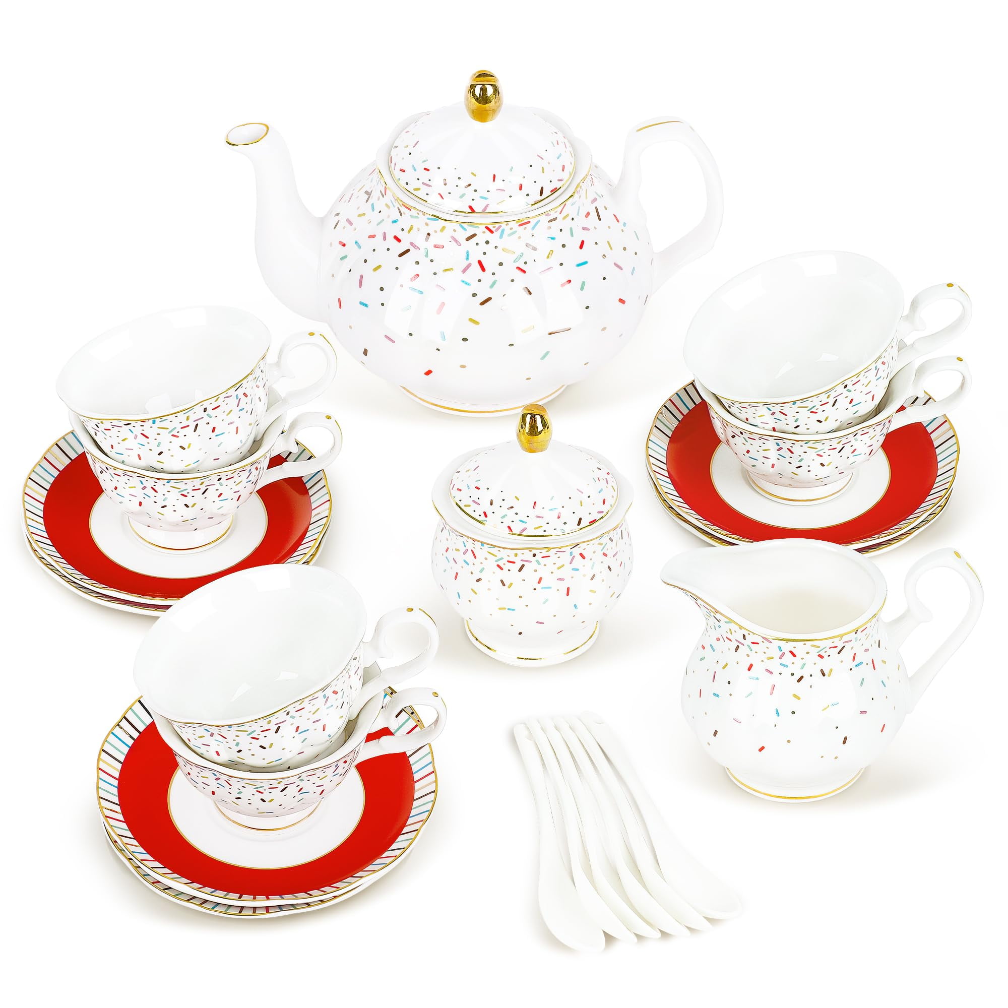 fanquare Cute Bone China Tea Set, 21-Piece Rainbow Sprinkles Tea ...