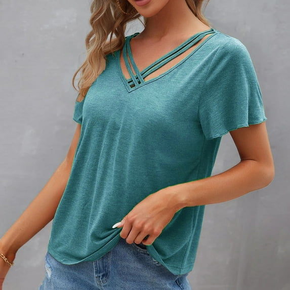 fanshangmao Casual Loose Short Sleeve Tops for Women Fashion V Neck T Shirts Basic Solid Color Blouse Top Summer Trendy Clothes Sales