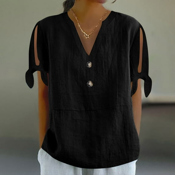 fanshangmao Cotton Linen Tops for Women Summer Plus Size Notch Neck Top Solid Color Shirt with Buttons Trendy Short Sleeve Shirts Blouse Cheap Items