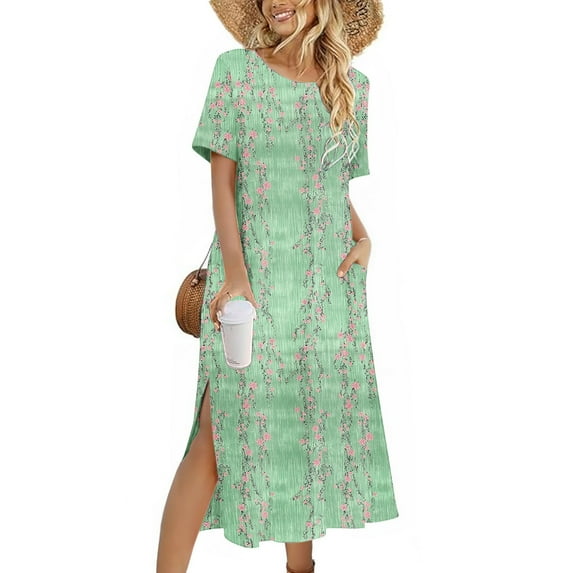 fanshangmao Long Dresses for Women Summer Floral Print Vacation Dress Crew Neck Casual Short Sleeve Dress with Pockets Split Dresses