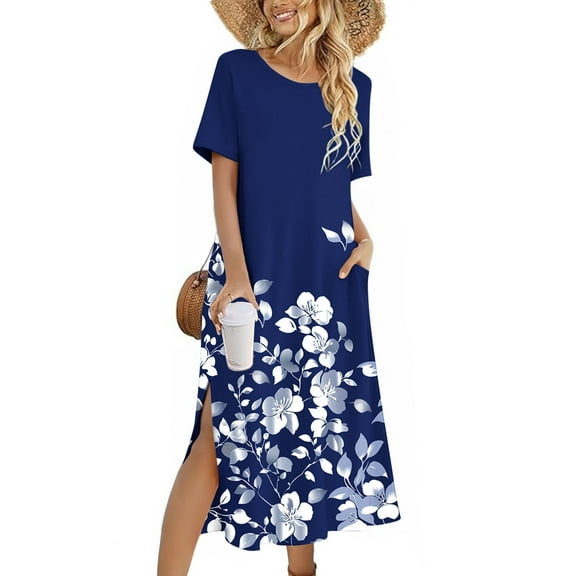 fanshangmao Long Dresses for Women Summer Floral Print Vacation Dress Crew Neck Casual Short Sleeve Dress with Pockets Split Dresses