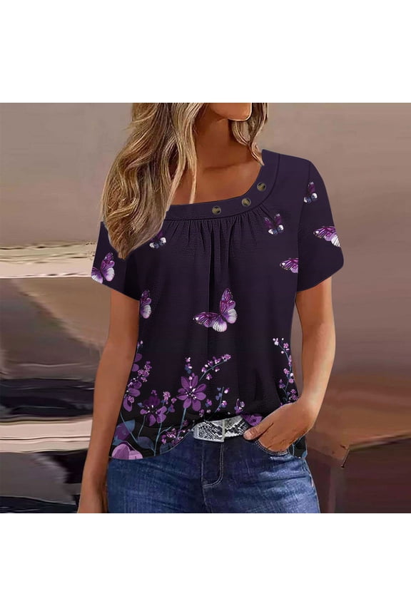 Short Sleeve Blouse Summer Shirts for Women 2025 Plus Size Round Neck Blouses for Women Printed Tees for Women Tops Dressy