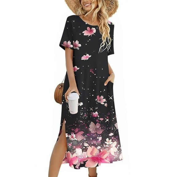 fanshangmao Summer Long Dresses for Women Summer Floral Print Vacation Dress Crew Neck Casual Short Sleeve Dress with Pockets Split Dresses