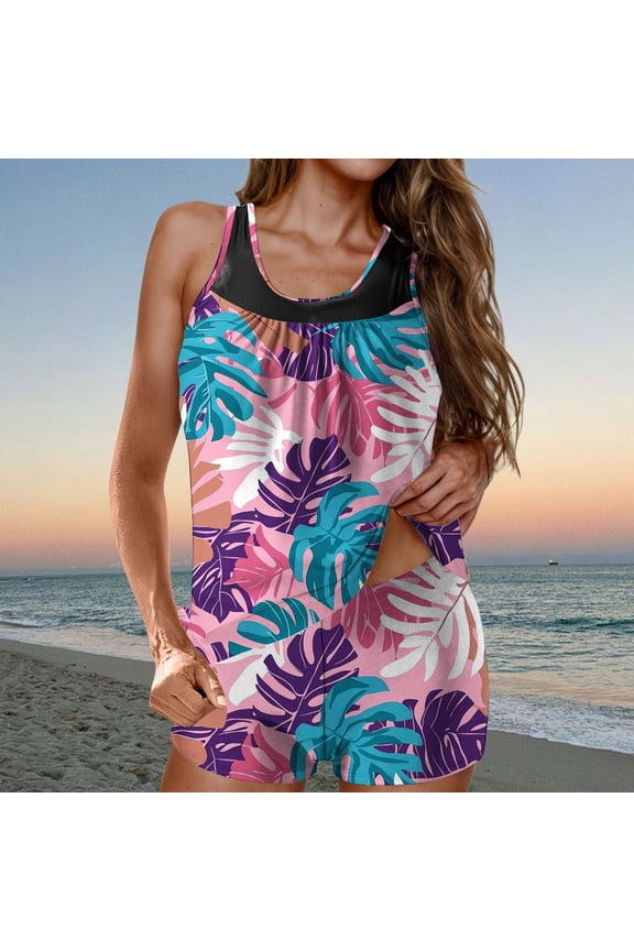 Summer Printed Two Piece Swimwear for Women Crew Neck Tank Tops & High Waist Swim Bottoms Modest Swimsuits Beach Vacation Essentials