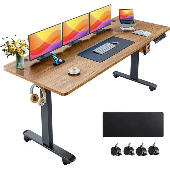 farexon 63 x 24 Inch Electric Standing Desk Adjustable Height, Sit-Stand Desk with Oversized Mouse Pad, Four Preset Heights, 27''-46'' Lifting Range Stand up Desk（Brown）