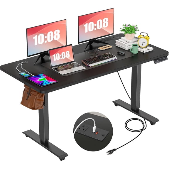 farexon Electric Standing Desk Adjustable Height Desk 55 x 24In with Charging Station, Stand up Desk with Oversized Mouse Pad, 4 Caster, 4 Preset Heights Easy to Set, 27''-45'' Lifting Range(Black
