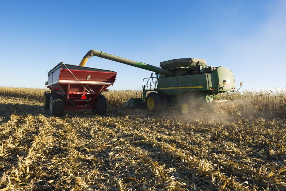 A farmer augers yellow grain corn from a combine into a grain wagon during corn harvest Iowa United States of America Canvas Art - Scott Sinklier  Design Pics (18 x 12)