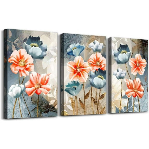 farmhouse Wall Art for Living Room family kitchen Bedroom Decoration, 3 piece bathroom Wall decor red watercolor flowers abstract painting office Canvas Pictures Artworks modern Home wall Decorations