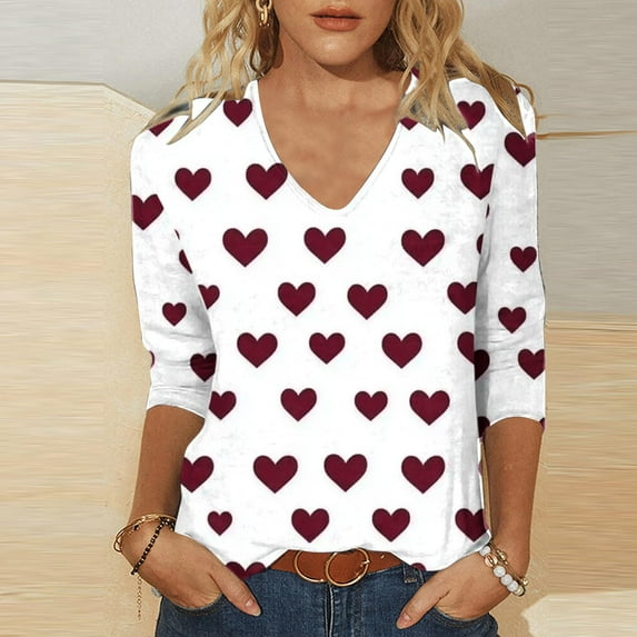 fartey 2025 Valentine's Day Tops for Women Plus Size 3/4 Length Sleeves Blouse Romantic Love Heart Printed Top Loose Lightweight Stretch V Neck Gifts Tee Shirts, S-5XL